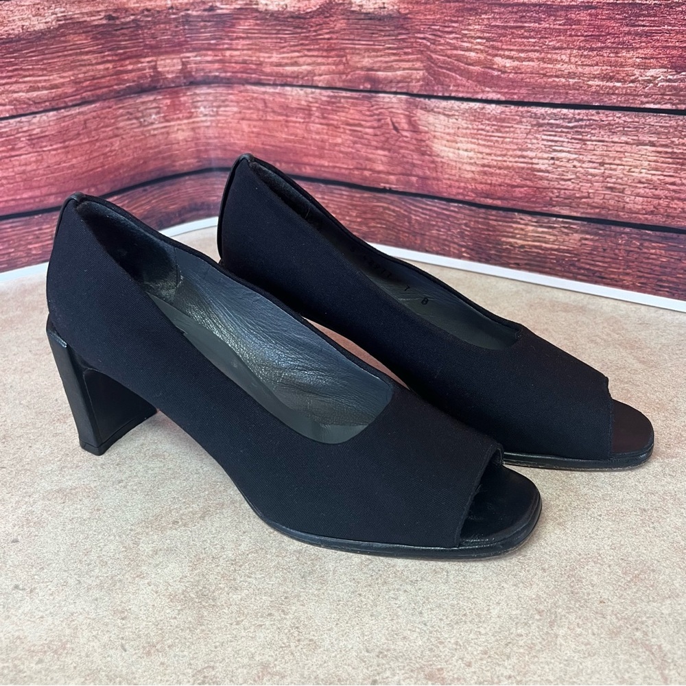 Stuart Weitzman Black Stretch Fabric & Leather Peep Toe Slip On Heels